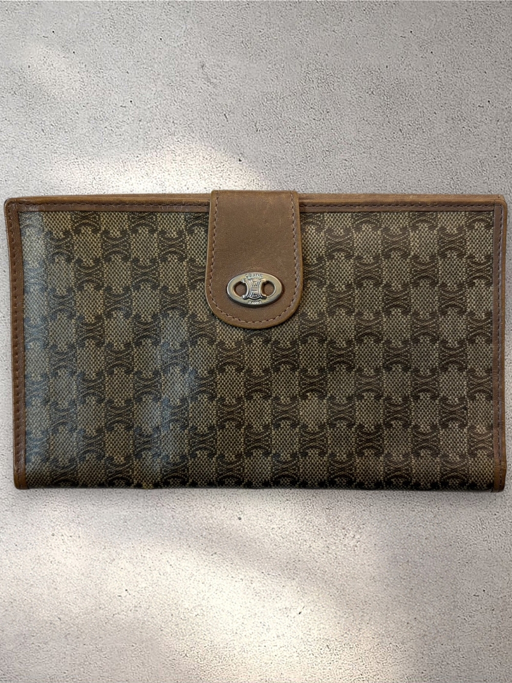Vintage Celine Macadam Triomphe Long Bifold Wallet Brown Leather